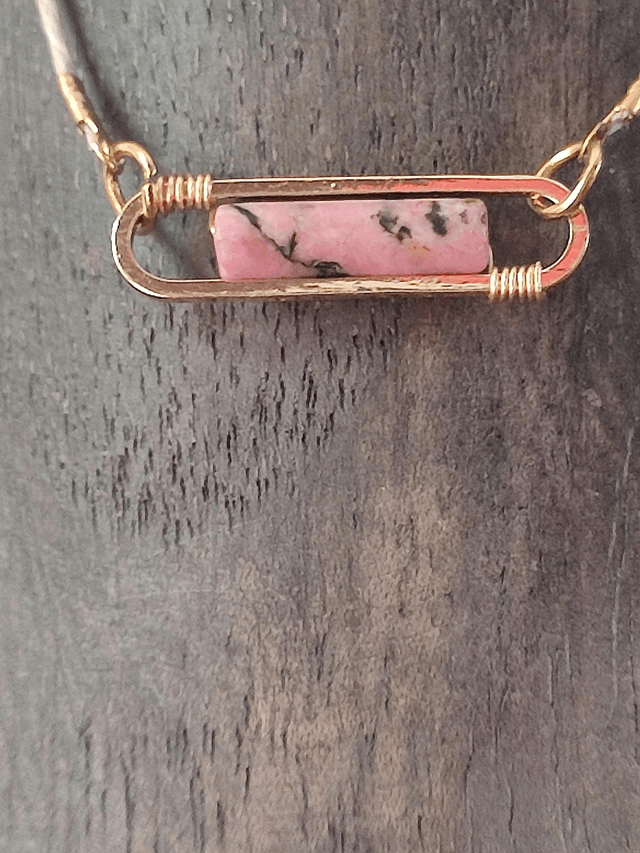 Z-Collier rhodonite, pierres naturelles monté sur fil de lin réglable avec chaîne d'extension en acier inoxydable doré, pièce unique 