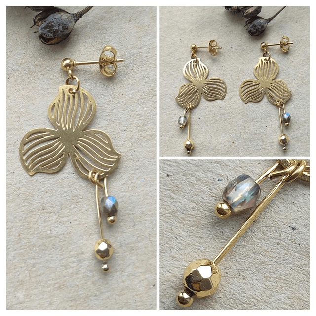 Boucles fleurs hématite doré et verre mordoré en acier inoxydable doré -sans nickel, pièce unique 