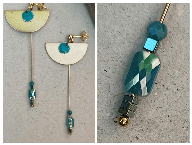 Boucles d'oreilles email et verre turquoise, acier inoxydable doré -sans nickel, pièce unique 