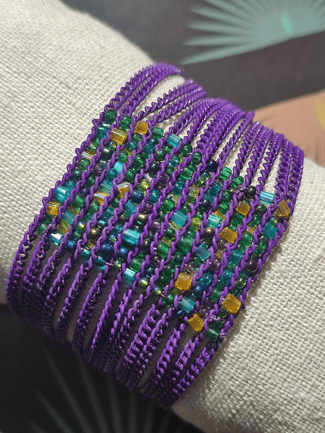Bracelet tissé en perles de verre miyuki sur chaines violette réglable par chaîne d'extension, pièce unique 