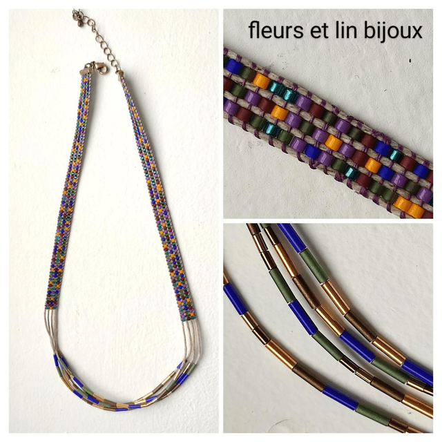 Collier tissé main en perles de verre miyuki tons de vert, bleu,or, violet, orange, réglable 