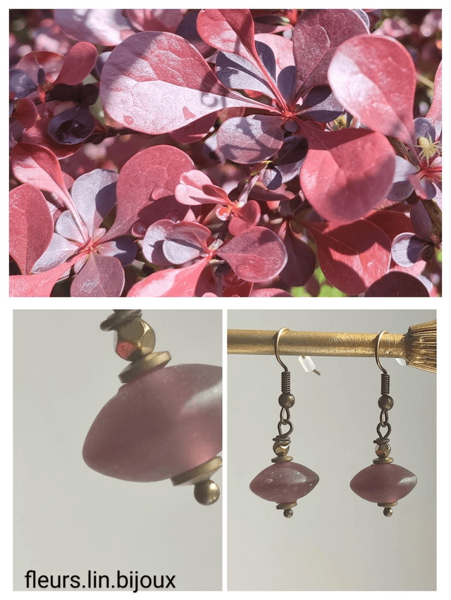 Z-Boucles d'oreilles en verre "ovni" rose foncé et hématite en laiton bronze -sans nickel 