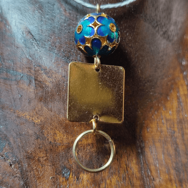 Collier perle cloisonné , carré et cercle monté sur fil de lin réglable avec chaîne d'extension 