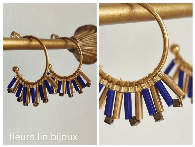 Z-Créoles en verre miyuki doré & bleu tissées main,en acier inoxydable doré -sans nickel 