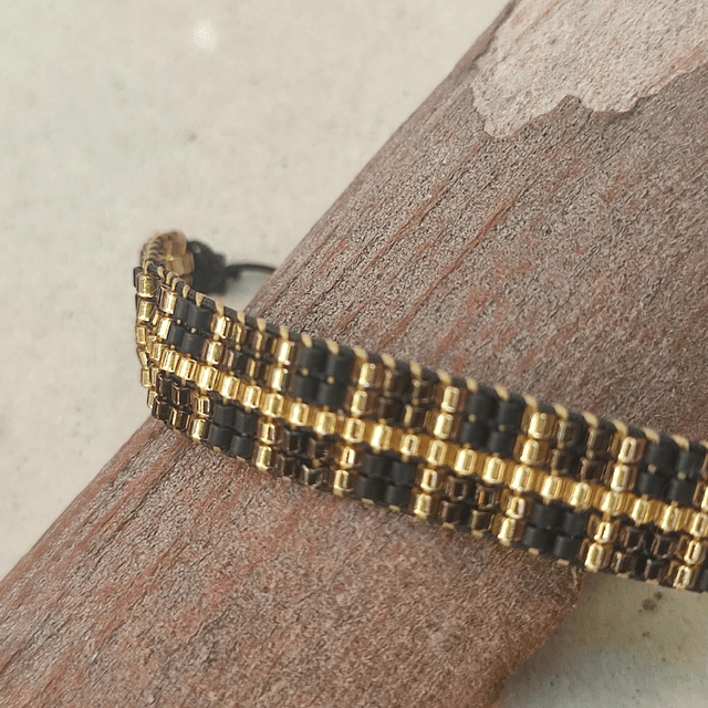 Bracelet tissé main en perles de verre miyuki noir et or, réglable et résistant 