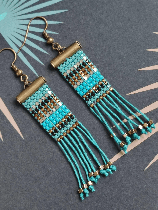 Z- Boucles d'oreilles tissées main en perles de verre miyuki sur fil de lin en laiton 