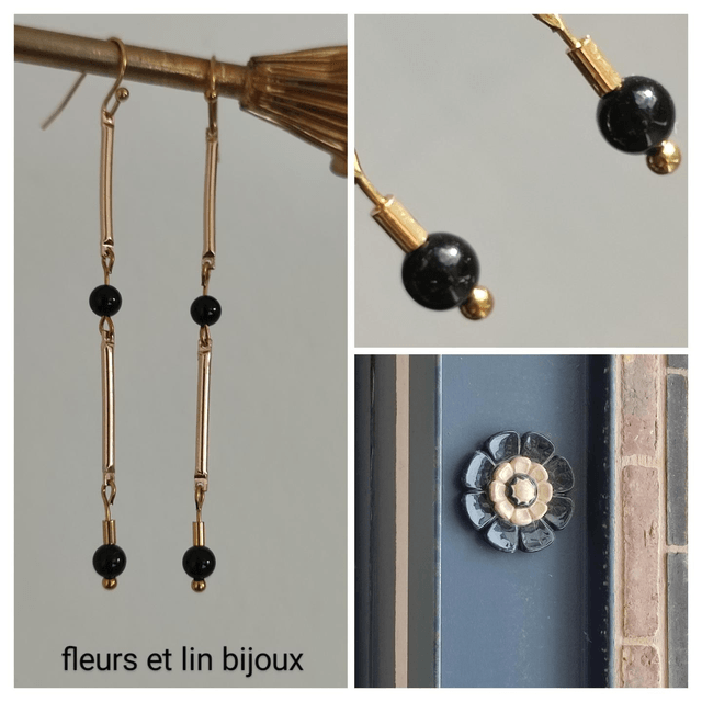 Boucles d'oreilles onyx noir ( pierres naturelles) en acier inoxydable doré -sans nickel 
