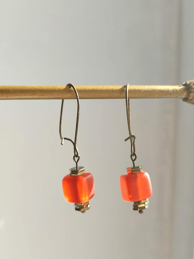 Z-Boucles d'oreilles en verre orange 🍊 fermoirs dormeuses en laiton bronze -sans nickel 