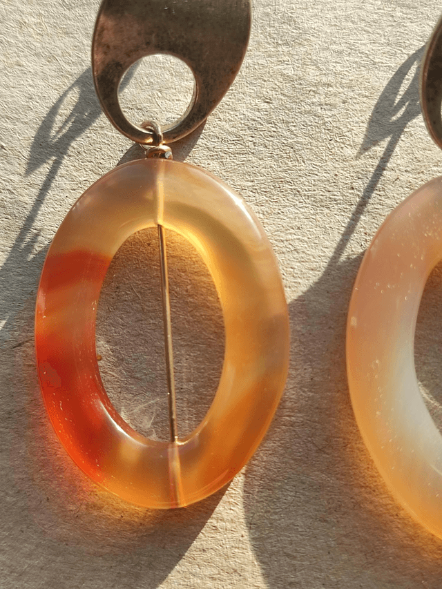 Z-Boucles d'oreilles en agate aux jolis reflets orange,en laiton bronze -sans nickel,pièce unique 