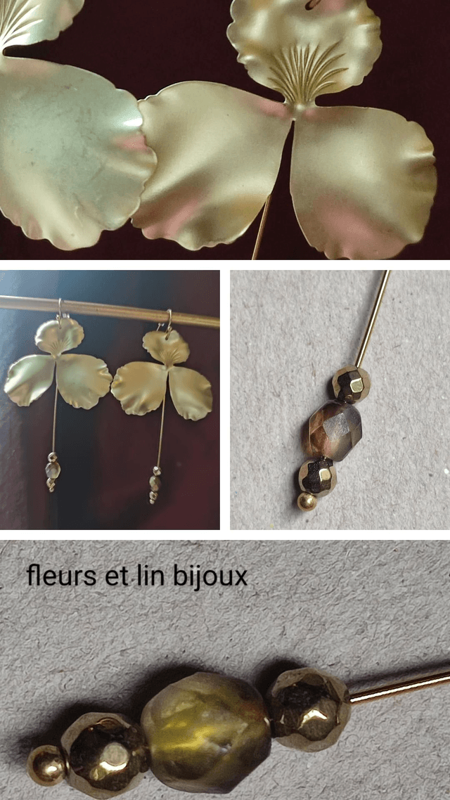 Z-Boucles d'oreilles fleurs dorées & perles en verre aux reflets bruns, fermoirs en acier inoxydable doré -sans nickel -pièce unique 