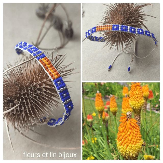 Bleu Klein & orange bracelet tissé main en perles de verre miyuki réglable résistant pièce unique 