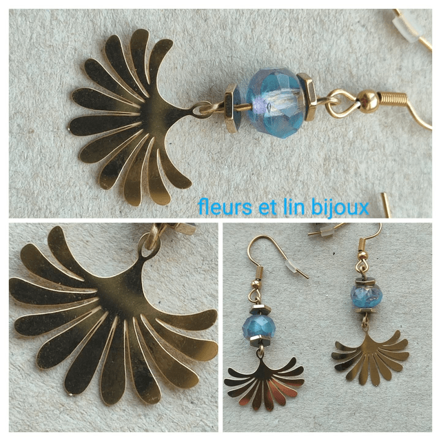 Z-Boucles "éventail" et perles en verre aux reflets bleus et roses en acier inoxydable doré -sans nickel, pièce unique 