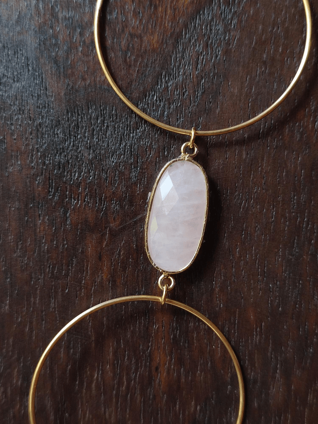 Z-Sautoir quartz rose & crystal de roche, anneaux en acier inoxydable doré monté sur fil de lin réglable 