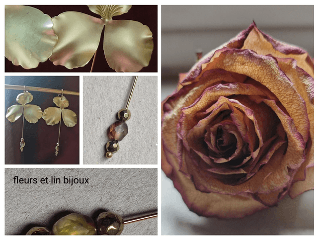 Z-Boucles d'oreilles fleurs dorées & perles en verre aux reflets bruns, fermoirs en acier inoxydable doré -sans nickel -pièce unique 