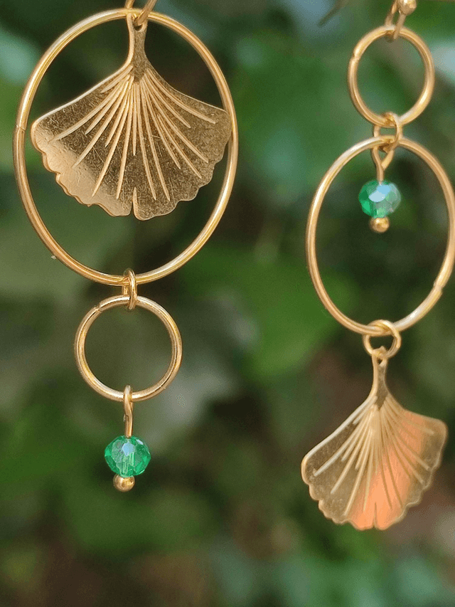 Z-Boucles d'oreilles ginkgo asymétrique et cercle, perles vertes en verre, acier inoxydable doré -sans nickel, pièce unique 