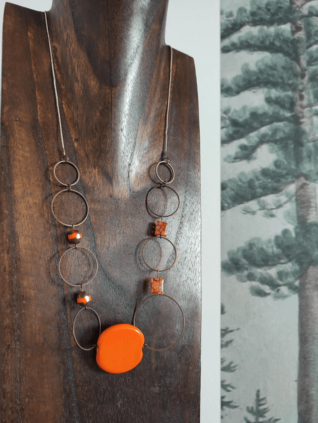 Sautoir tons orange 🍊 perles de verre mille Fiori, anneaux bronze, réglable, pièce unique 