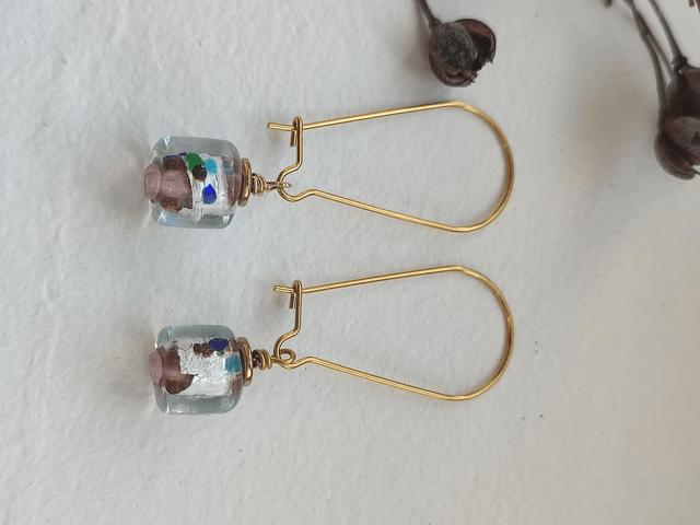 Z-Dormeuses en verre moucheté rose ( blanc, bleu, Vert, turquoise) en acier inoxydable doré - pièce unique- sans nickel 