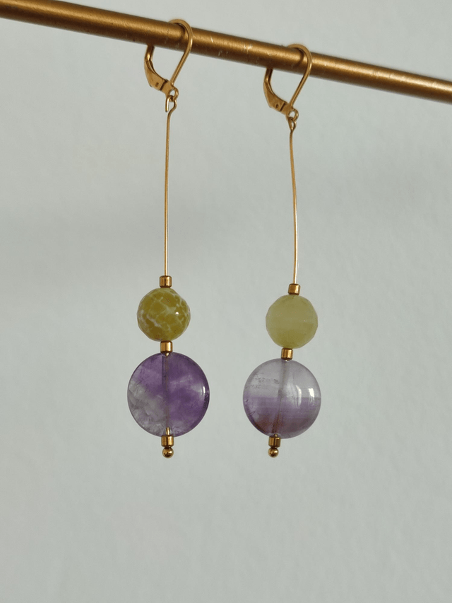 Z-Boucles d'oreilles en jade & améthyste ( pierres naturelles) acier inoxydable doré -sans nickel, pièce unique 