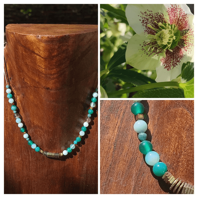 Z-Collier amazonite, agate verte, améthyste, hématite doré ( pierres naturelles), ras du cou réglable par chaîne d&#039;extension en acier inoxydable doré -sans nickel -piece pièce unique 