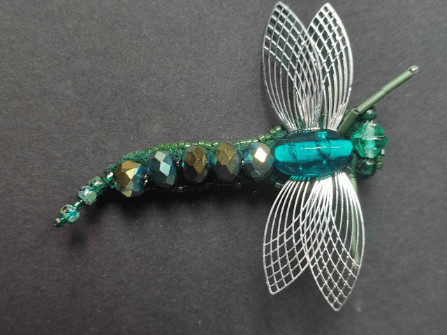 Z-Broche libellule turquoise et verte en perles de verre, Tissé main en pièce unique 