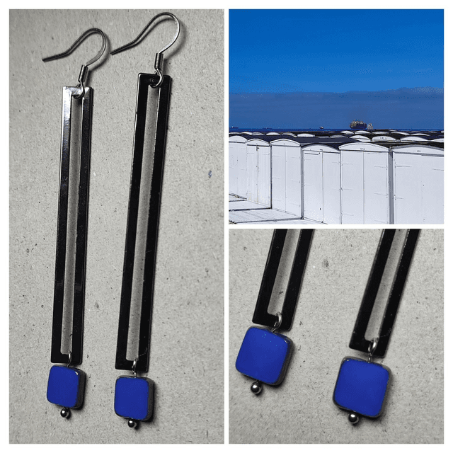 Z-Boucles d&#039;oreilles longues &quot; géométriques&quot; carré en verre bleu et rectangle argenté, pièce unique -sans nickel 