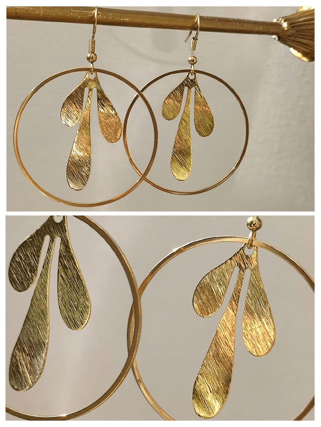 Boucles d&#039;oreilles cercles &amp; feuilles en acier inoxydable doré -sans nickel, pièce unique 