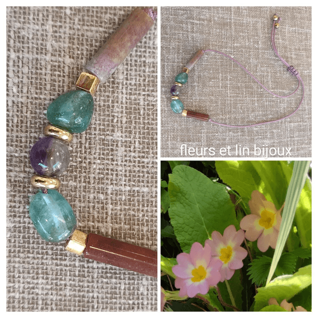 Z-Bracelet en pierres naturelles: apatite, améthyste, rhodonite réglable sur fil de lin 