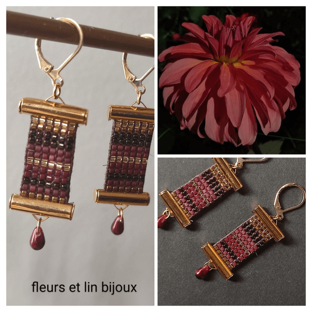 Boucles d&#039;oreilles tissées main en perles de verre miyuki, bordeaux,or, noir, cuivre, acier inoxydable doré -sans nickel, pièce unique 