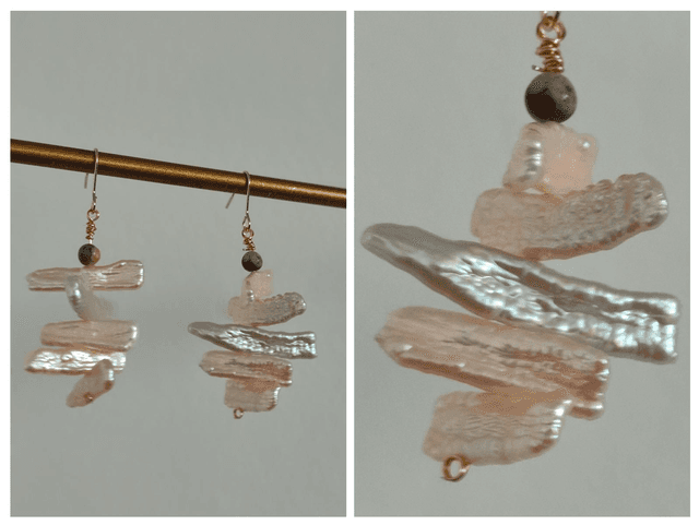 Z-Boucles d&#039;oreilles en nacre, perles en obsidienne ( pierres naturelles), fermoirs en acier inoxydable doré -sans nickel- pièce unique 