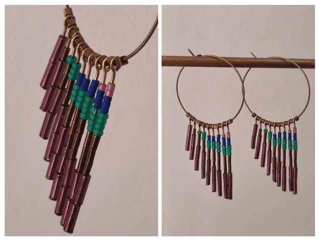Créoles bronze et perles en verre miyuki violine, turquoise et orange, sans nickel,en laiton bronze, pièce unique 