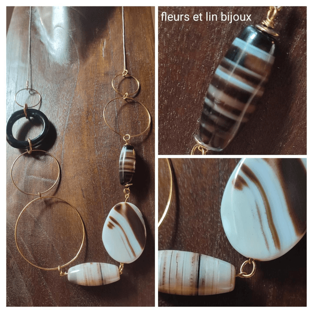 Sautoir agate aux jolis reflets de brun et rond en céramique noire monté sur fil de lin réglable 