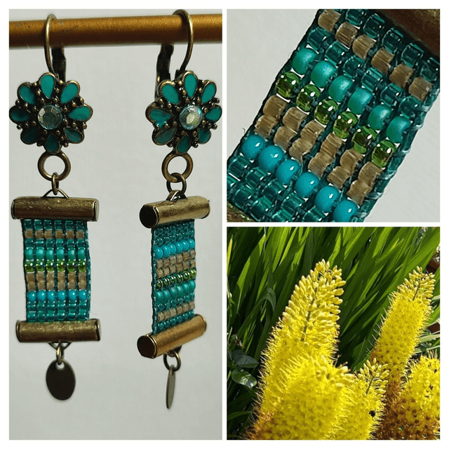 Dormeuses fleurs, bronze et turquoise tissé main sur fil de lin, acier inoxydable, sans nickel, pièce unique 