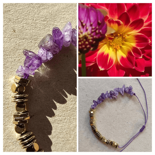 Z-Bracelet améthyste ( pierres naturelles) et hématite doré réglable monté sur fil de jade violet 