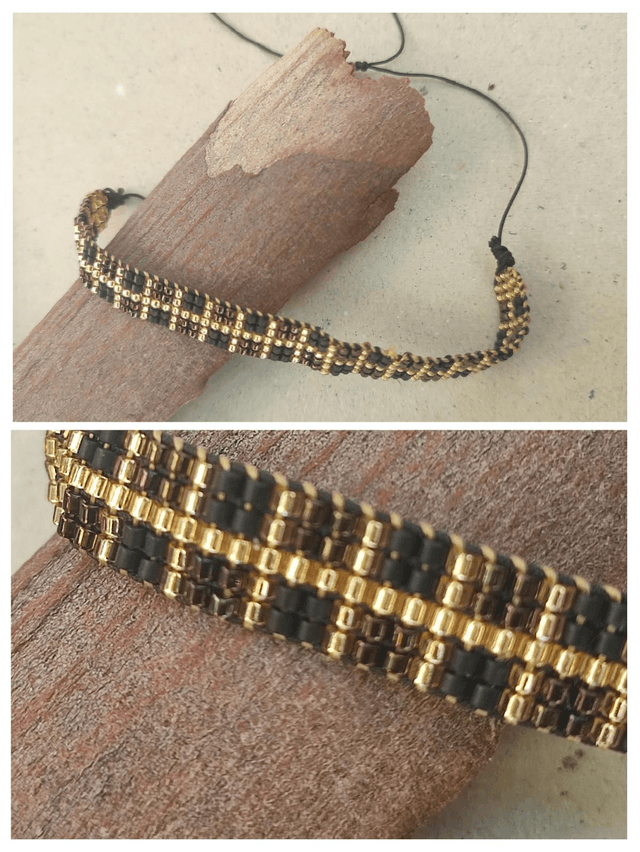 Bracelet tissé main en perles de verre miyuki noir et or, réglable et résistant 