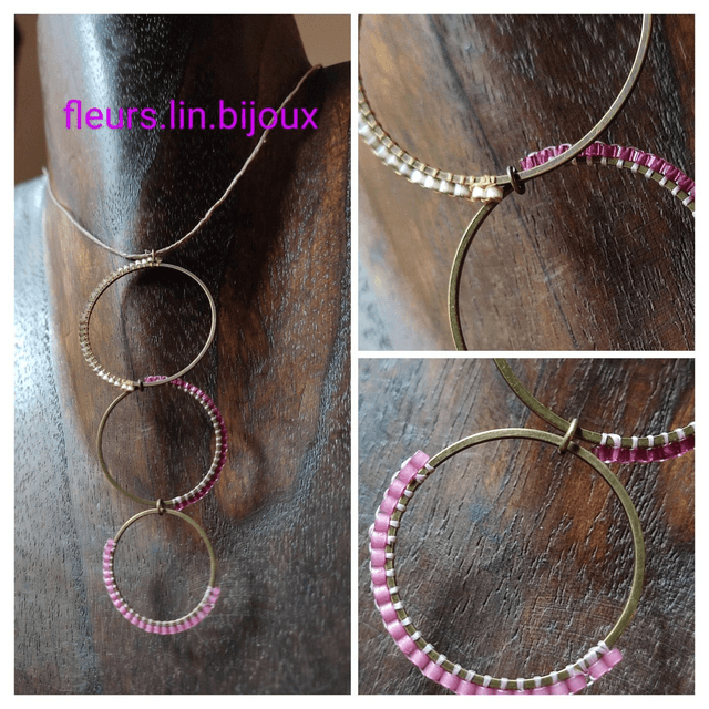 Collier tissé main en perles de verre miyuki rose et blanc, monté sur fil de lin réglable avec chaîne d&#039;extension 