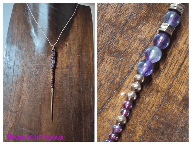 Collier améthyste &amp; grenat monté sur fil de lin avec chaîne d&#039;extension en acier inoxydable doré 