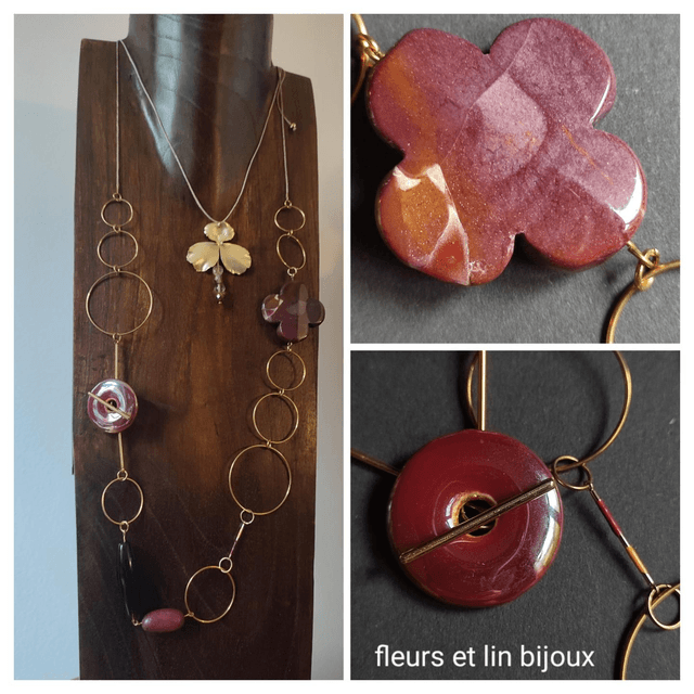 Sautoir céramique et agate bordeaux, bois et verre monté sur fil de lin réglable, pièce unique 