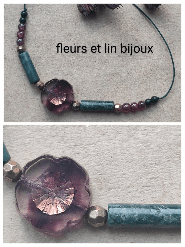 Z-Bracelet fleur en verre violine et or , pierres naturelles(grenat, sodalite)monté sur fil de jade ( résistant) réglable 