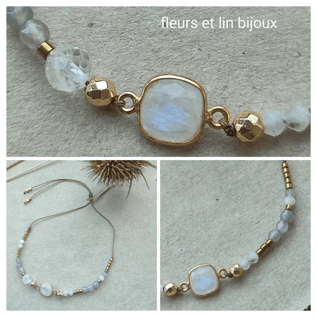 Z-Bracelet nacre et pierres de lune ( pierres naturelles) monté sur fil de jade, très résistant, pièce unique 