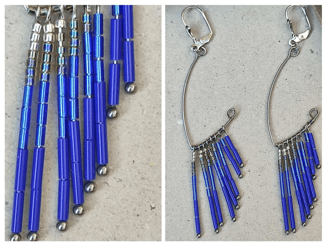 Boucles d&#039;oreilles longues, perles de verre miyuki ( argent, bleu) acier inoxydable argent, pièce unique -sans nickel 