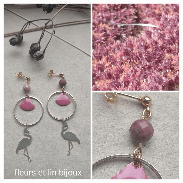 Flamant rose et email rose, pierres naturelles, fermoirs en acier inoxydable doré -sans nickel 