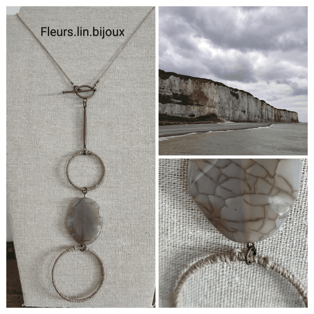 Collier cercles en lin et agate craquelée monté sur fil de lin en laiton bronze 