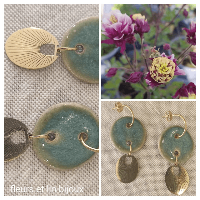 Créoles céramique artisanale nuance de bleu/vert en acier inoxydable doré -sans nickel pièce unique 