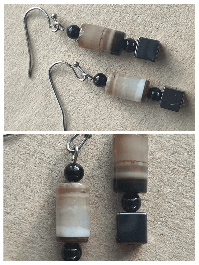 Boucles agate noire et hématite en acier inoxydable argenté -sans nickel -