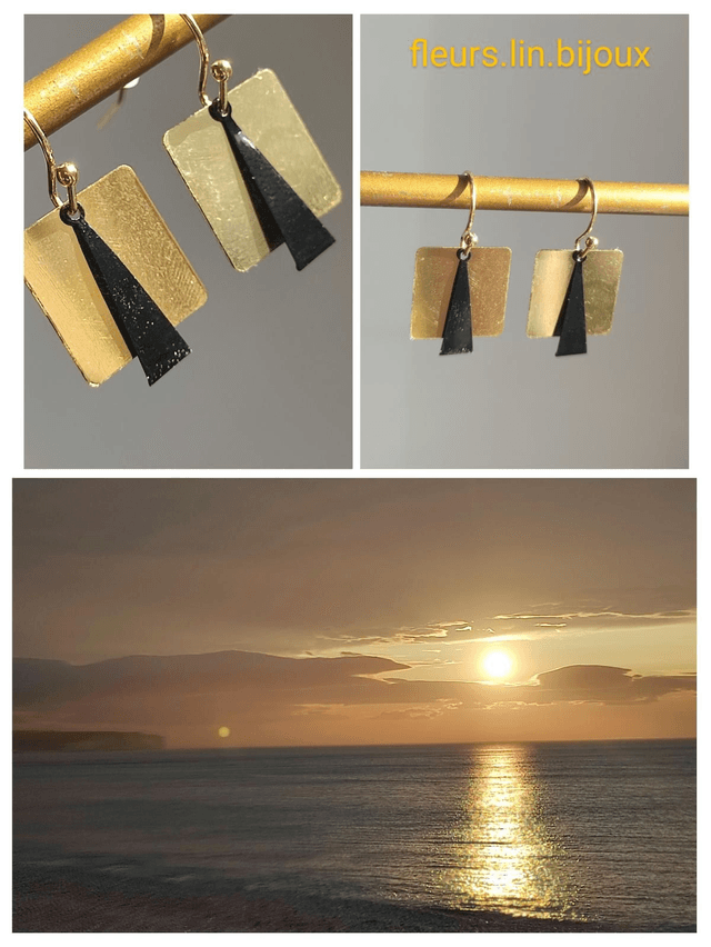 Z- Boucles d&#039;oreilles géométriques carrés dorés &amp; triangles noirs en acier inoxydable 