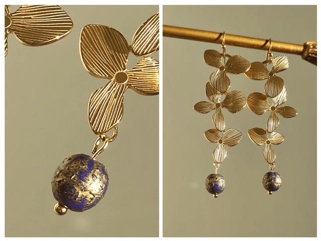 Z- Boucles d&#039;oreilles 3 fleurs dorées et perles violettes &amp; or, fermoirs en acier inoxydable doré -sans nickel- pièce unique 