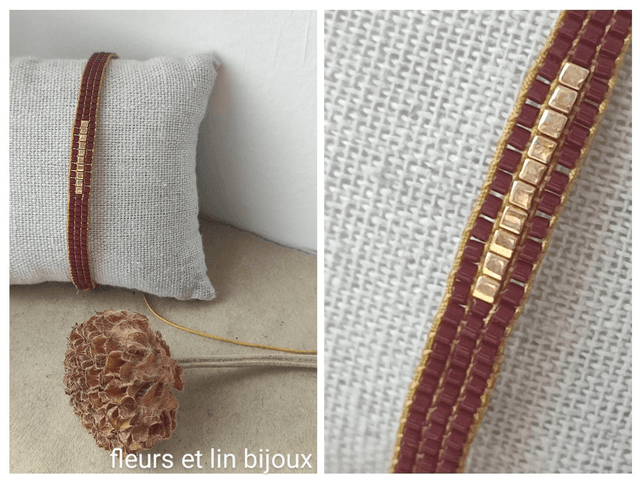 Bracelet tissé main bordeaux &amp; carrés dorés en perles de verre miyuki , réglable sur fil de jade résistant, pièce unique 