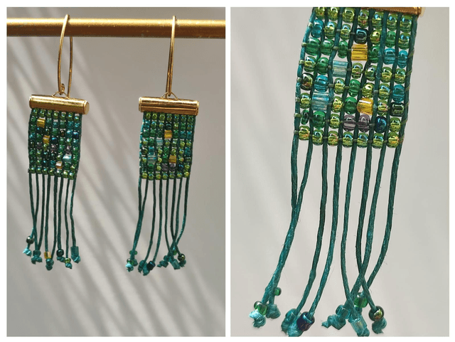 Boucles d&#039;oreilles &quot;bohème&quot; tissées main perles de verre miyuki ( jaune,vert, bleu) sur fil de lin turquoise, pièce unique, acier inoxydable doré -sans nickel 