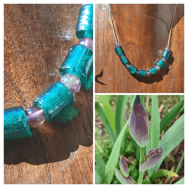 Collier améthyste &amp; verre,ras du cou monté sur fil de lin réglable avec chaîne d&#039;extension, pièce unique 