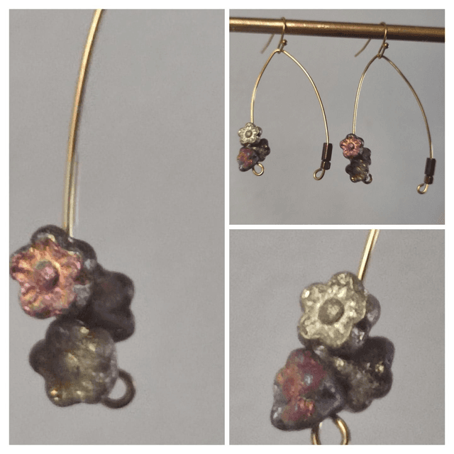 Z-Boucles d&#039;oreilles grappe de fleurs en verre rose et or, en acier inoxydable doré -sans nickel, pièce unique 